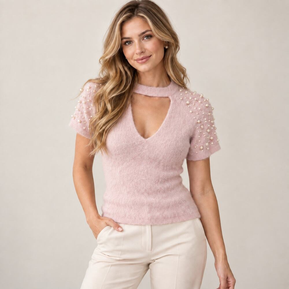 VENUS Pink Fuzzy Pearl Choker Neck Sweater Top M Coquette